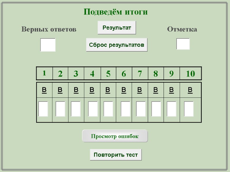 Подведём итоги Верных ответов Отметка Просмотр ошибок в в в в в в в